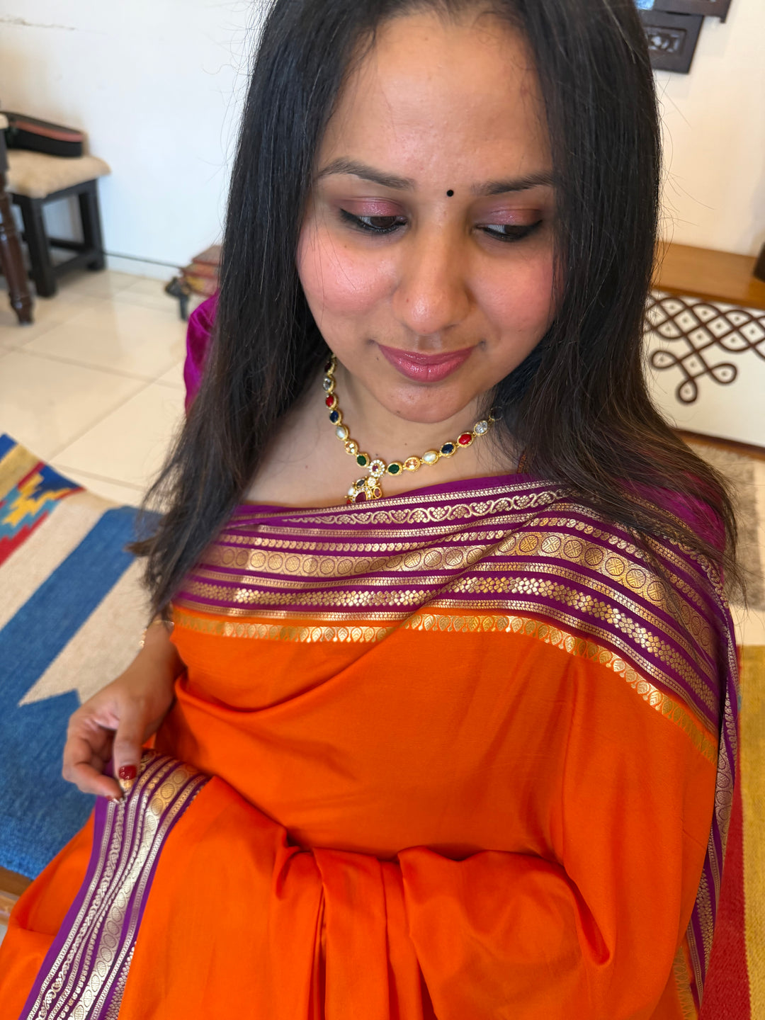 Timeless vintage Navaratna Short necklace with classic stud earrings