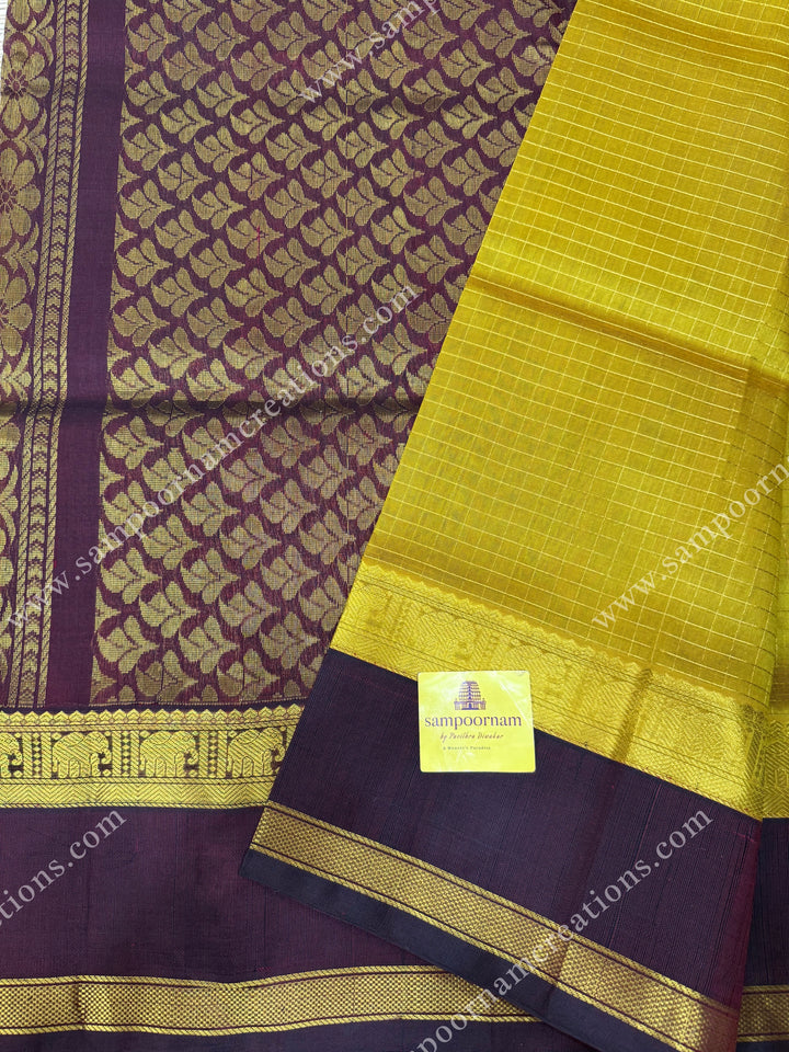 Dark Gold with Brown  , Rich Zari checks in the body and  rettapet  borders , rich Pallu Korvai Silk Cotton Sareee