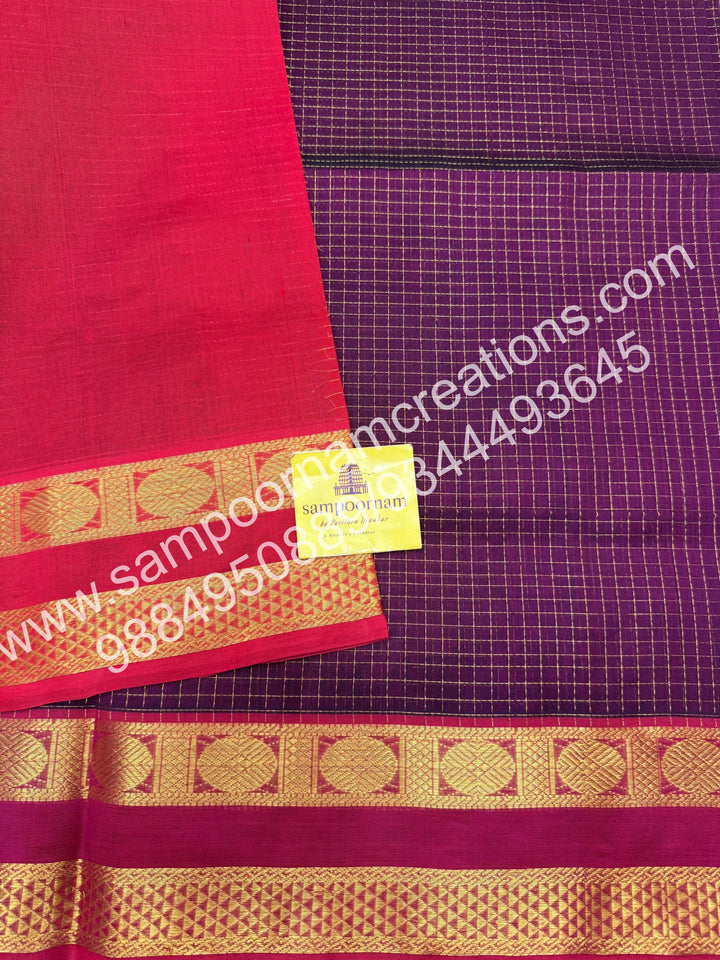 Wine with Red , rich Zari checks in the body and border ,rettapet borders  rich Pallu Silk Cotton Saree