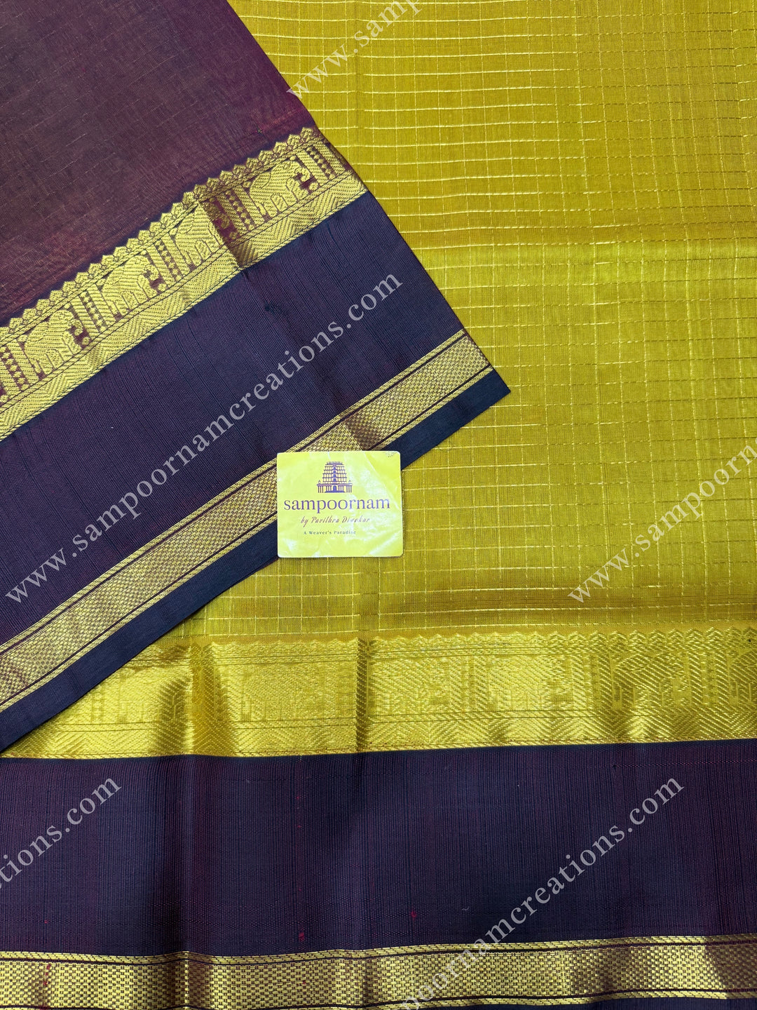 Dark Gold with Brown  , Rich Zari checks in the body and  rettapet  borders , rich Pallu Korvai Silk Cotton Sareee