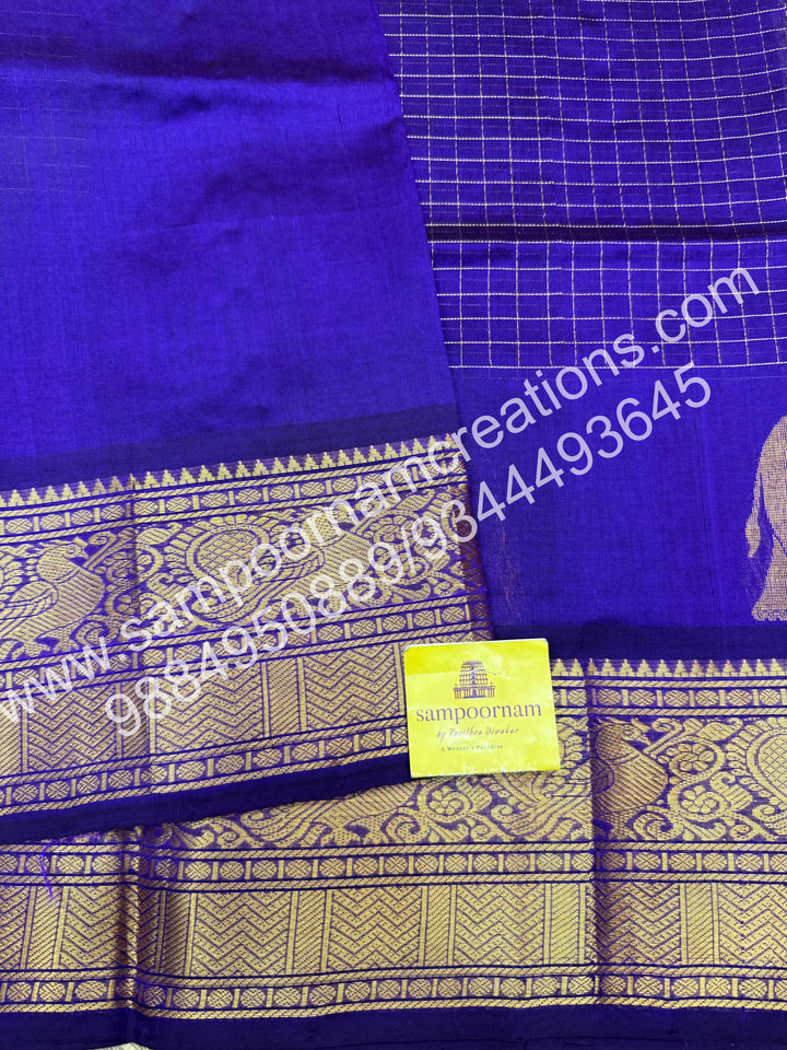 Indigo blue  Elegant Elephant zari buttu in the borders , zari checks in the body and rich Pallu Silk Cotton Saree
