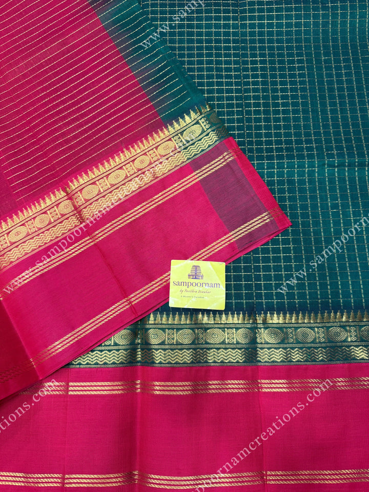 Green with Red  , Rich Zari checks in the body and  rettapet  borders , rich Pallu Korvai Silk Cotton Sareee