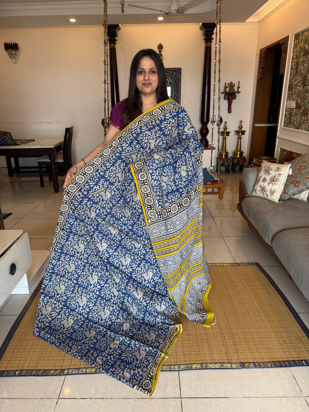 Indigo blue with yelllow kalamkari printed mul cotton saree
