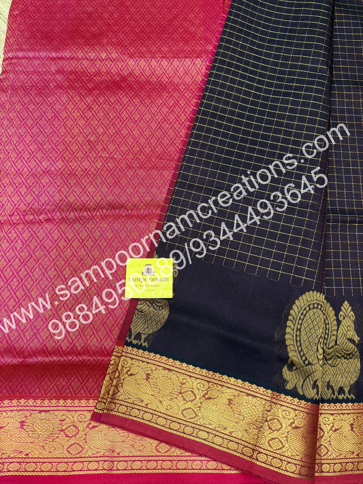 Coffee Brown with Magenta  Annam Motif zari buttu in the borders , zari checks in the body and rich Pallu Silk Cotton Saree