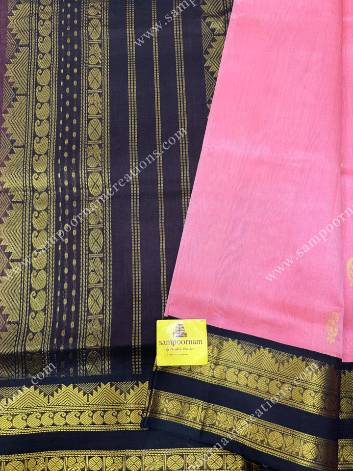 Rouge Pink with Dark Brown , Rich Mango Zari butta in the body and Rettapet borders , rich Pallu Korvai Silk Cotton Sareee