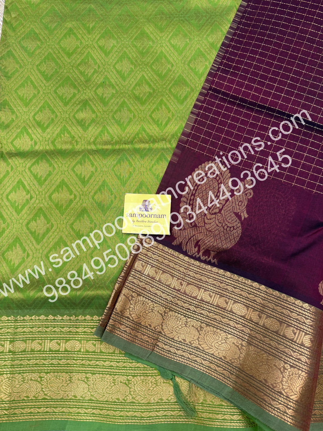 Brown with Green , Annam Motif zari buttu in the borders , zari checks in the body and rich Pallu Silk Cotton Saree