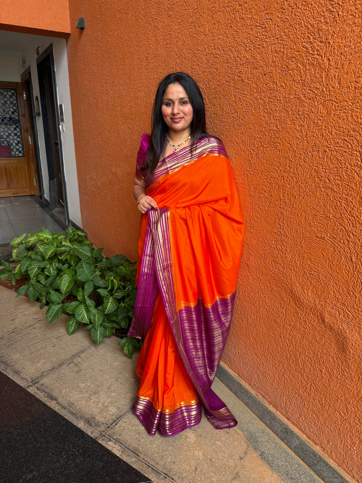 Burnt Orange with Purple , Rich Borders and Pallu, Semi Mysore Silk Saree