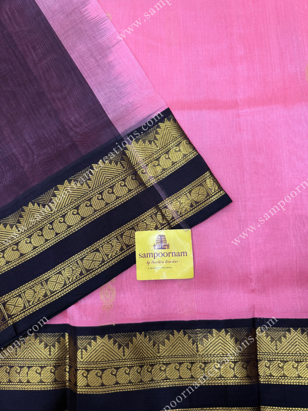 Rouge Pink with Dark Brown , Rich Mango Zari butta in the body and Rettapet borders , rich Pallu Korvai Silk Cotton Sareee