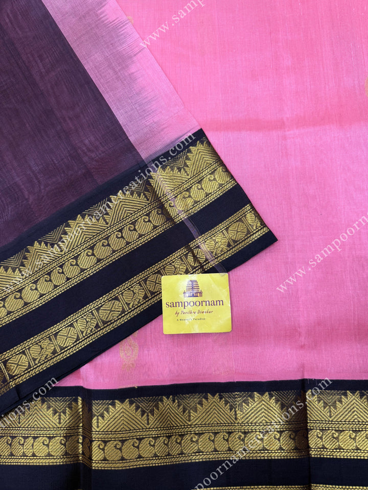 Rouge Pink with Dark Brown , Rich Mango Zari butta in the body and Rettapet borders , rich Pallu Korvai Silk Cotton Sareee