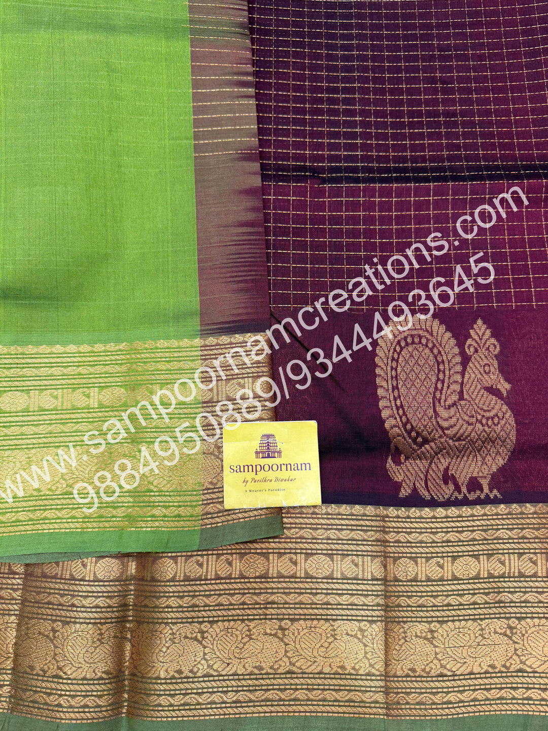Brown with Green , Annam Motif zari buttu in the borders , zari checks in the body and rich Pallu Silk Cotton Saree