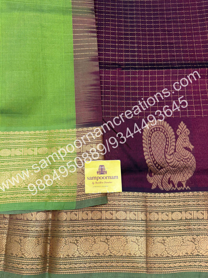 Brown with Green , Annam Motif zari buttu in the borders , zari checks in the body and rich Pallu Silk Cotton Saree