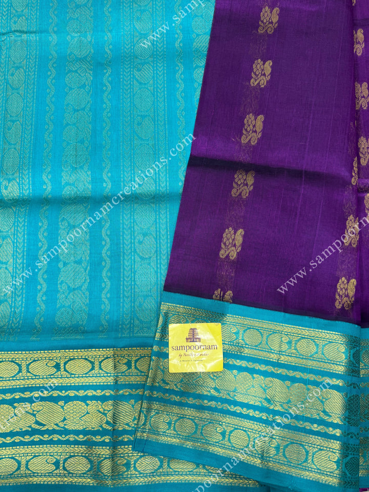 Vadamalli with Turquoise Blue , Rich Zari butta in the body and Traditional Kanchi borders , rich Pallu Korvai Silk Cotton Sareee