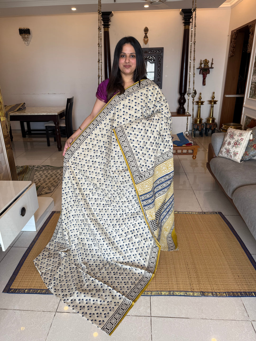 Off white with mustard , floral hand block printed mul cotton saree
