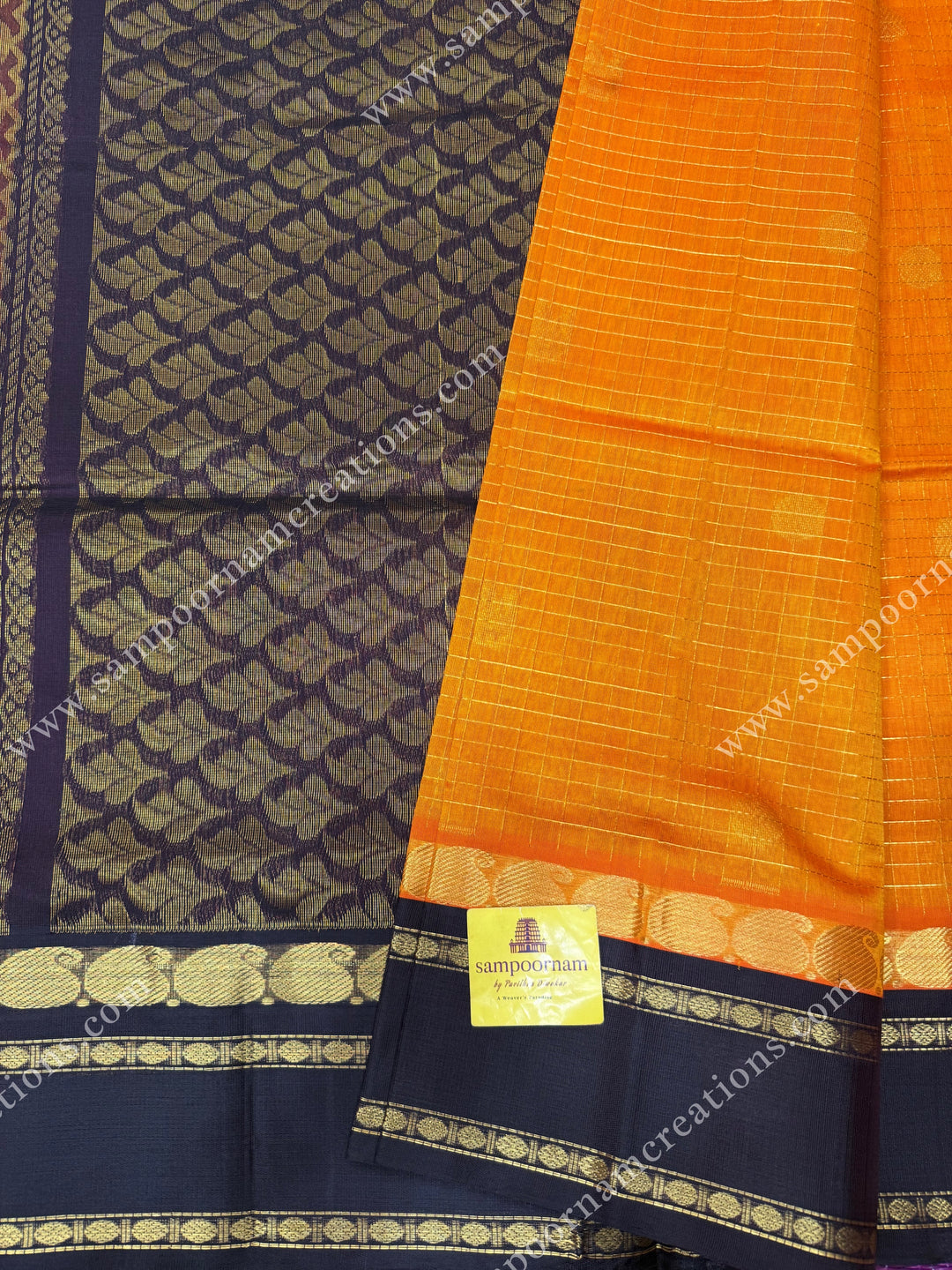 Mambazha Manjal with Deep Brown , Zari checks and Annam butta in the body  ,  Rettapetborders and rich Pallu Korvai Silk Cotton Sareee