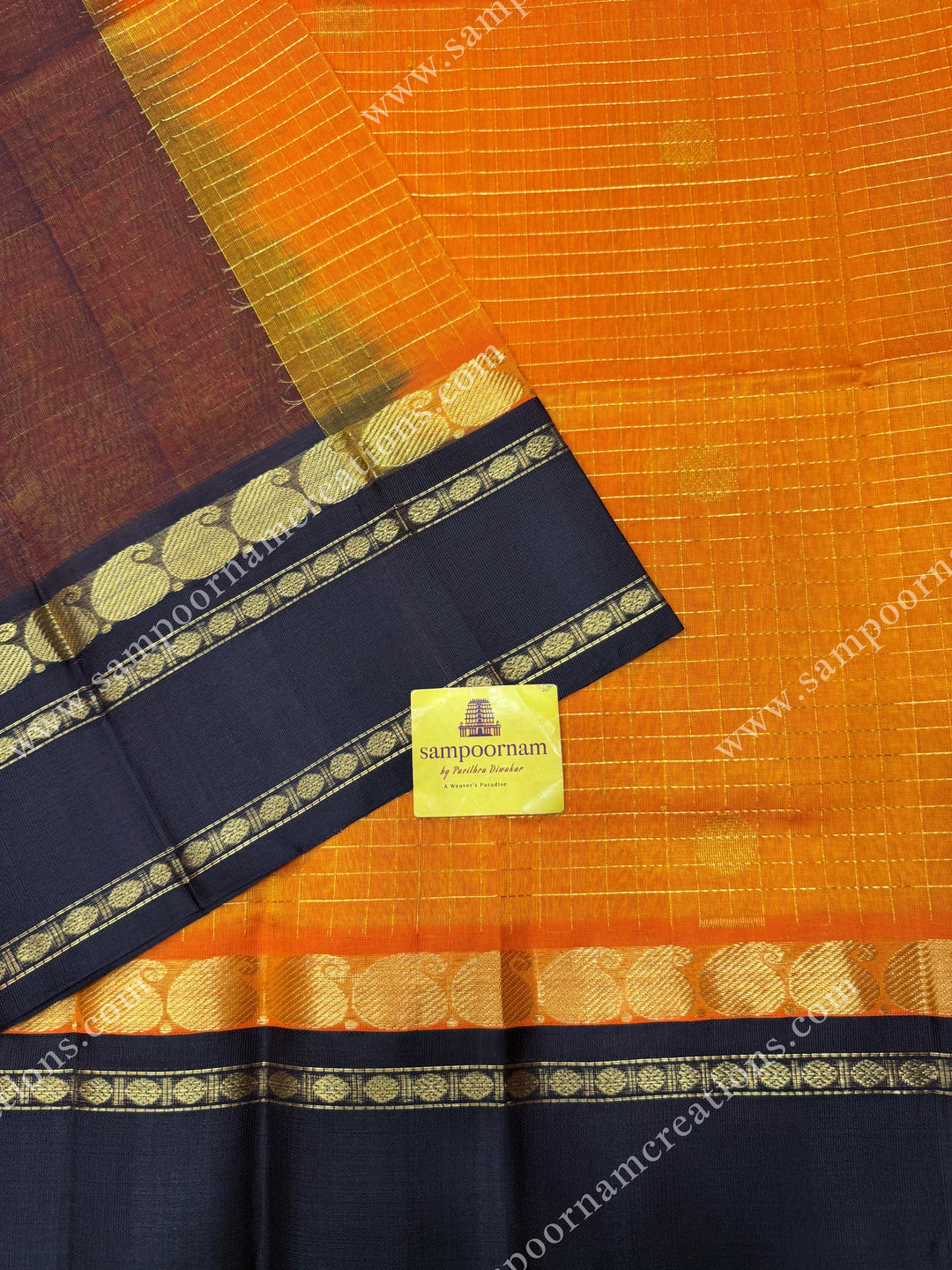 Mambazha Manjal with Deep Brown , Zari checks and Annam butta in the body  ,  Rettapetborders and rich Pallu Korvai Silk Cotton Sareee