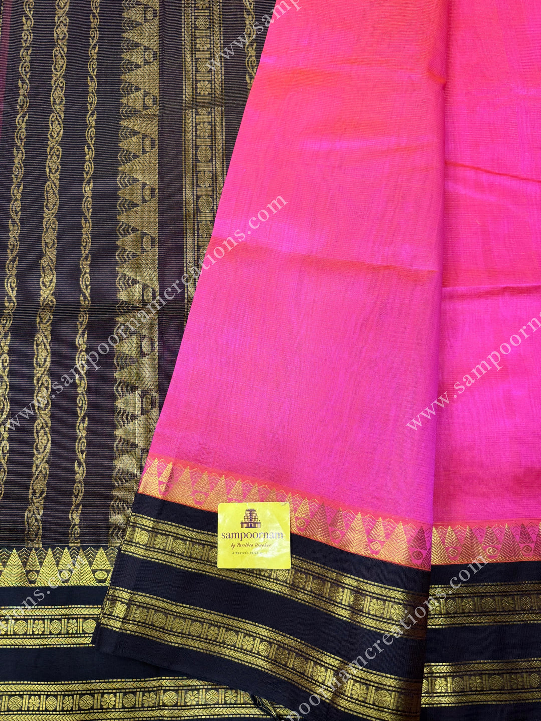 Fuchsia Pink with Deep Brown , Vairaoosi lines in the body and rettapet border ,  rich Pallu Korvai Silk Cotton Sareee