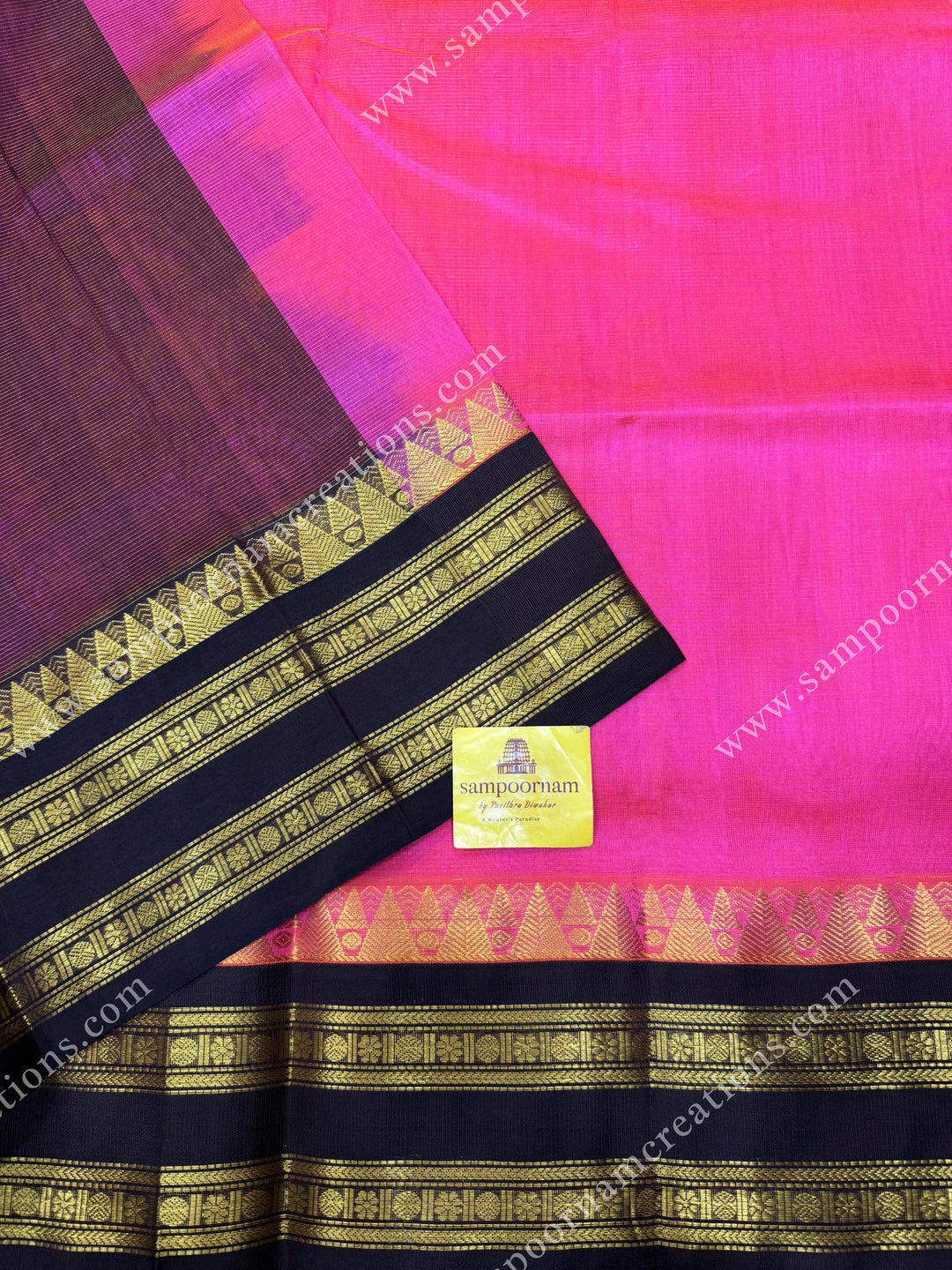 Fuchsia Pink with Deep Brown , Vairaoosi lines in the body and rettapet border ,  rich Pallu Korvai Silk Cotton Sareee