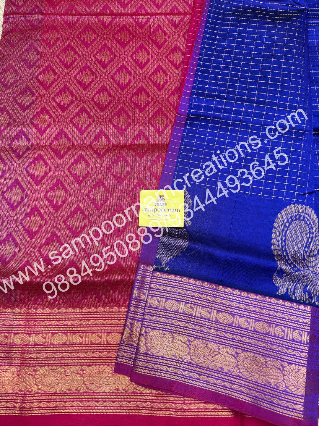 Blue with Magenta  Annam motif , zari buttu in the borders , zari checks in the body and rich Pallu Silk Cotton Saree