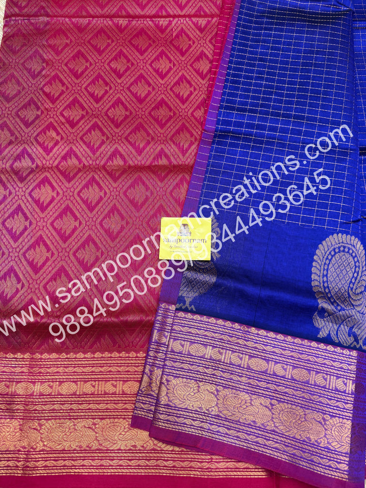 Blue with Magenta  Annam motif , zari buttu in the borders , zari checks in the body and rich Pallu Silk Cotton Saree