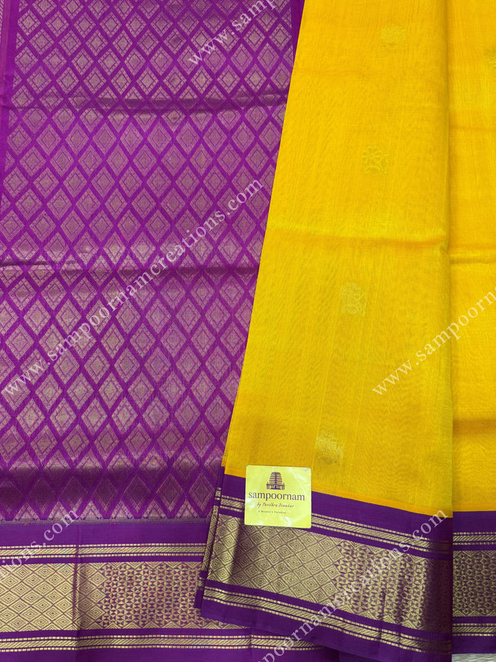 Mambazha Manjal with Deep Magenta , Rich Zari butta in the body and Traditional borders , rich Pallu Korvai Silk Cotton Sareee