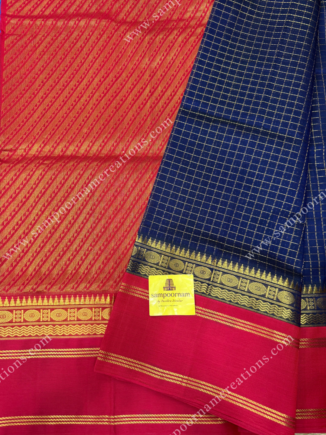 Dark Blue with Red , Rich Zari checks in the body and  rettapet  borders , rich Pallu Korvai Silk Cotton Sareee