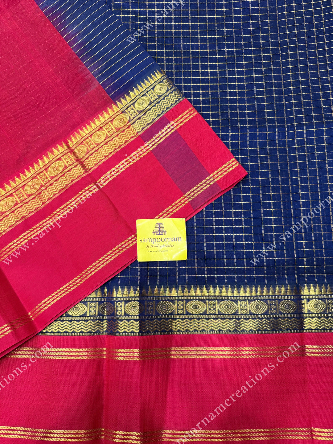 Dark Blue with Red , Rich Zari checks in the body and  rettapet  borders , rich Pallu Korvai Silk Cotton Sareee