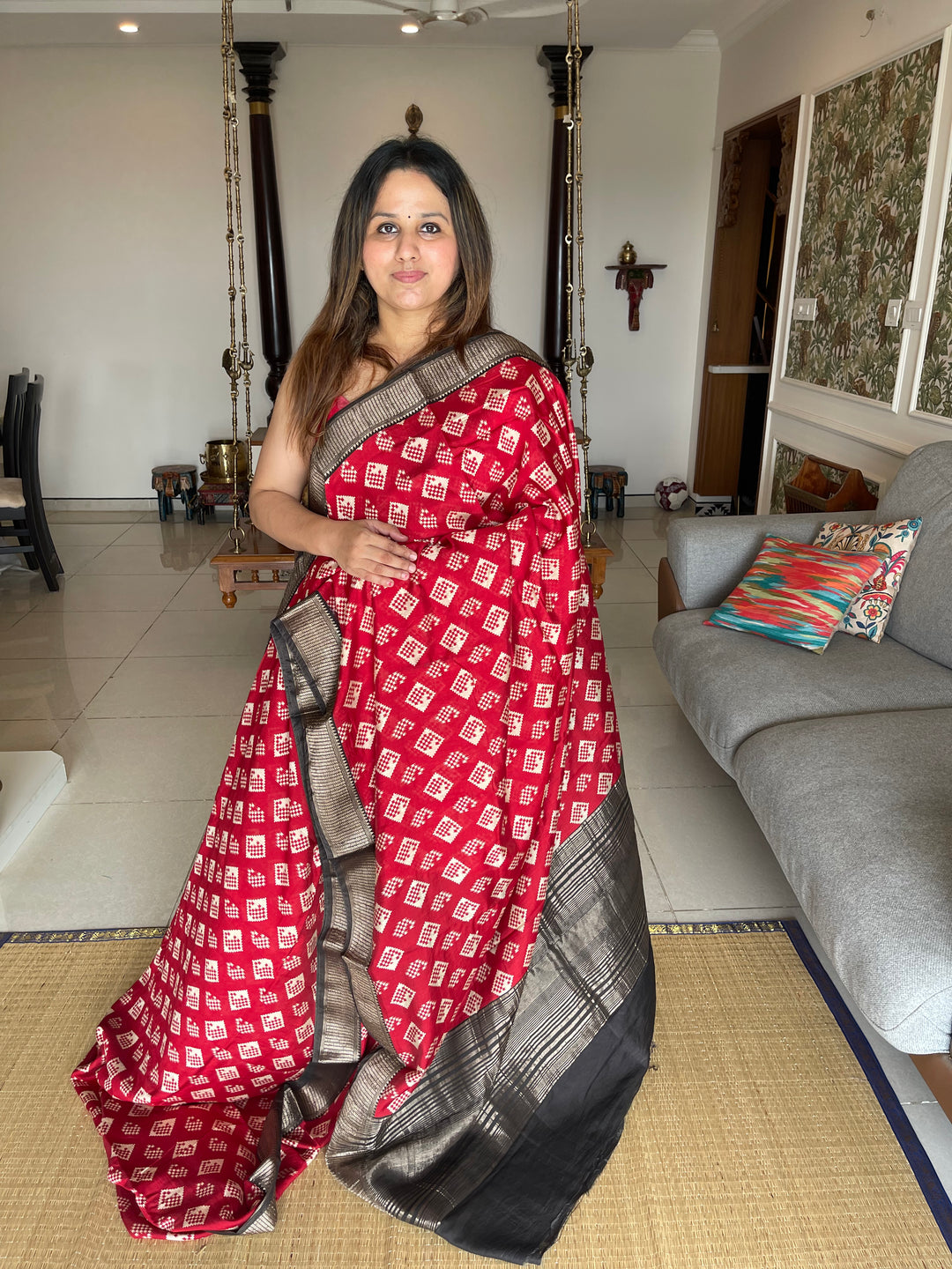 Modal Red With Black Printed Saree