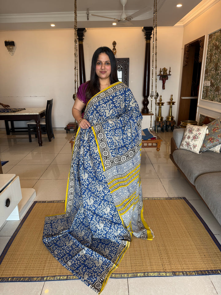 Indigo blue with yelllow kalamkari printed mul cotton saree