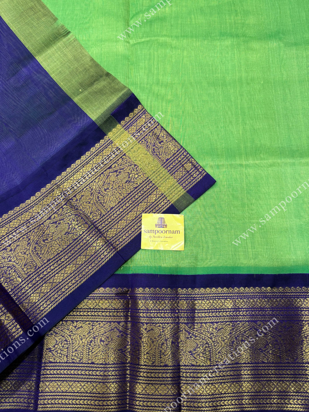 Green with Dark Blue ,  Traditional  One Side big  borders and rich Pallu Korvai Silk Cotton Sareee