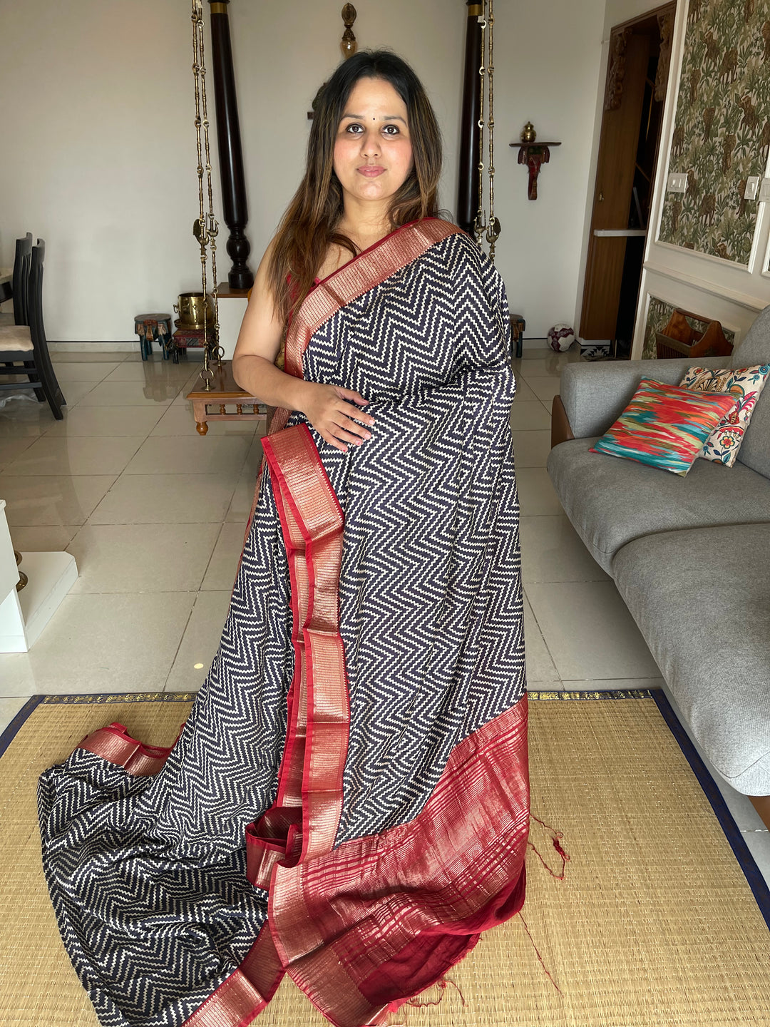 Modal Black and Red Printed Saree