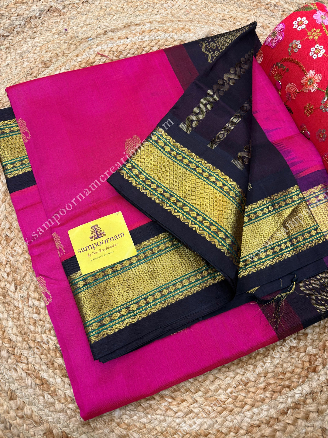 Dark Pink with Deep Brown , Rich Zari butta in the body and Traditional  borders , rich Pallu Korvai Silk Cotton Sareee