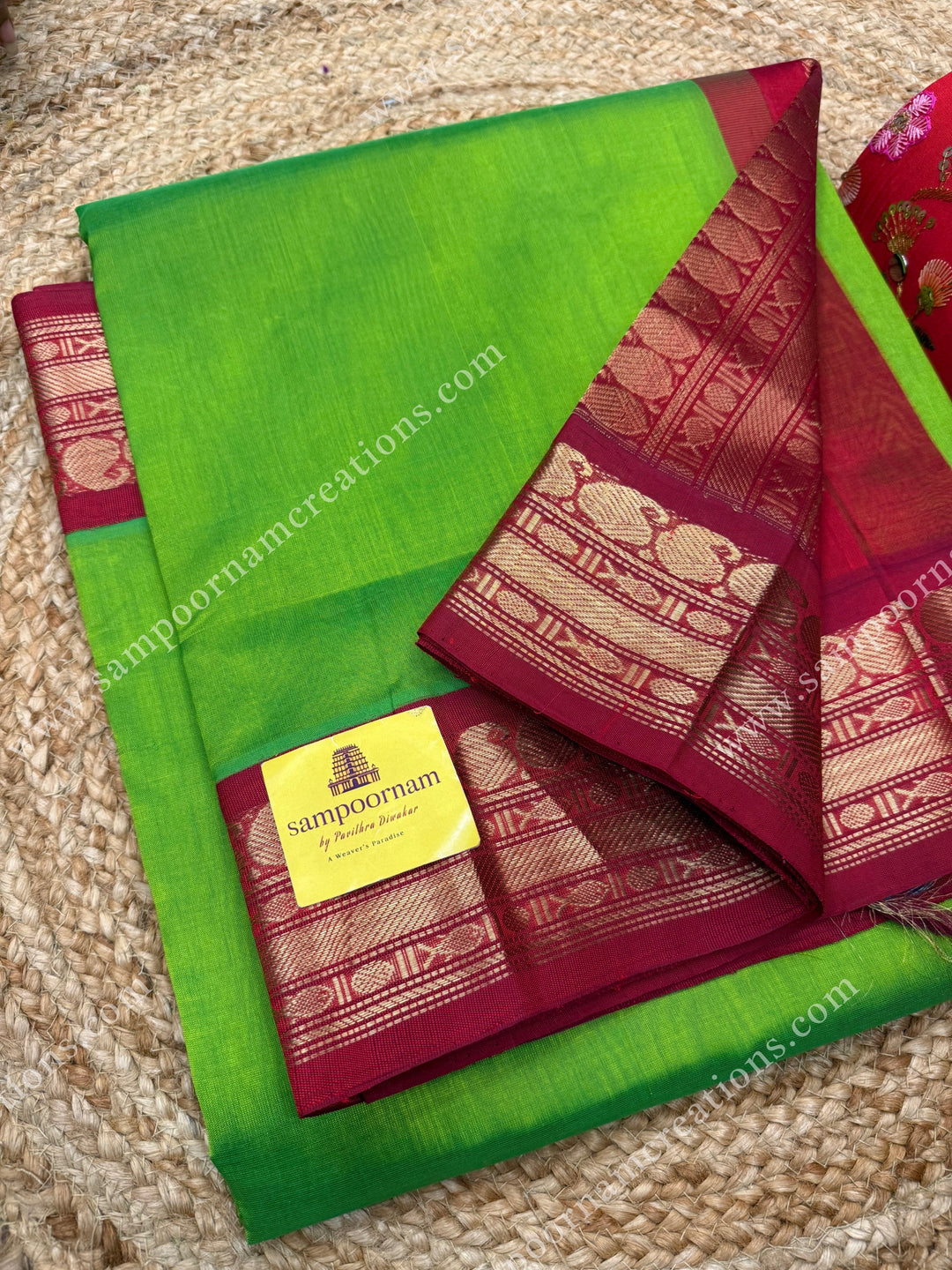 Parrot Green with Dark Red ,  Traditional borders and rich Pallu Korvai Silk Cotton Sareee
