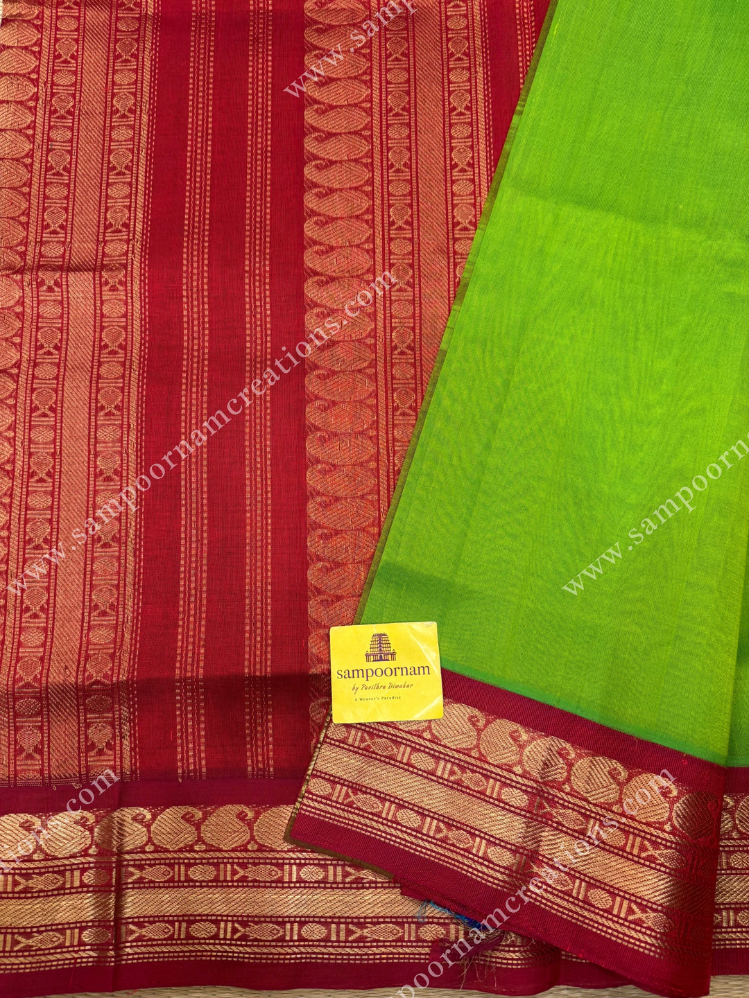 Parrot Green with Dark Red ,  Traditional borders and rich Pallu Korvai Silk Cotton Sareee