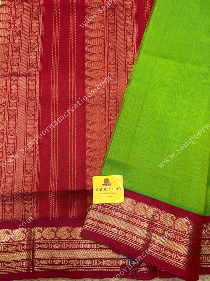 Parrot Green with Dark Red ,  Traditional borders and rich Pallu Korvai Silk Cotton Sareee