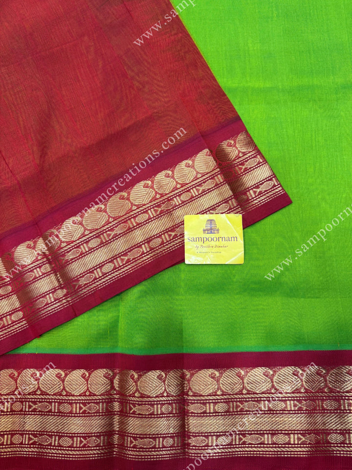 Parrot Green with Dark Red ,  Traditional borders and rich Pallu Korvai Silk Cotton Sareee
