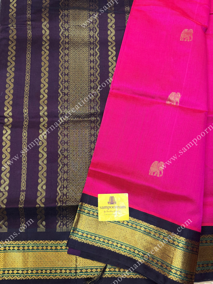 Dark Pink with Deep Brown , Rich Zari butta in the body and Traditional  borders , rich Pallu Korvai Silk Cotton Sareee