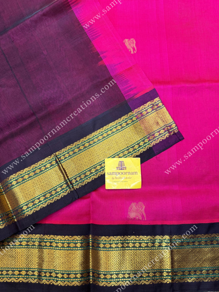 Dark Pink with Deep Brown , Rich Zari butta in the body and Traditional  borders , rich Pallu Korvai Silk Cotton Sareee