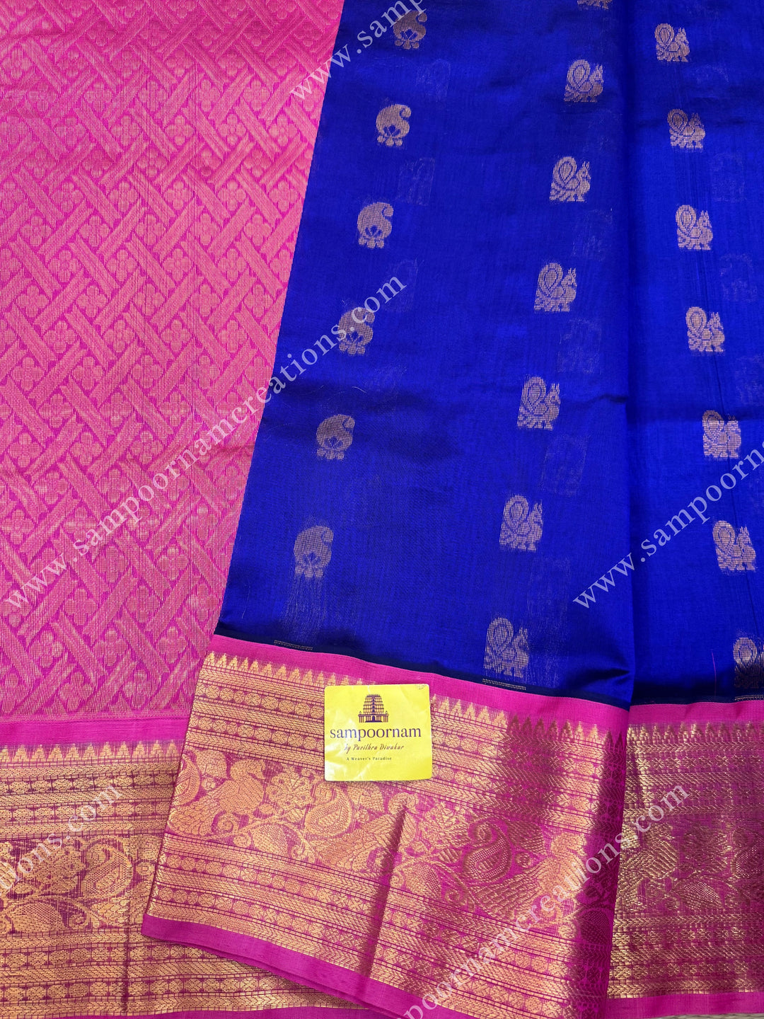 Cobalt Blue with Pink , Rich Mango and Annam  Zari butta in the body and One side long borders , rich Pallu Korvai Silk Cotton Sareee