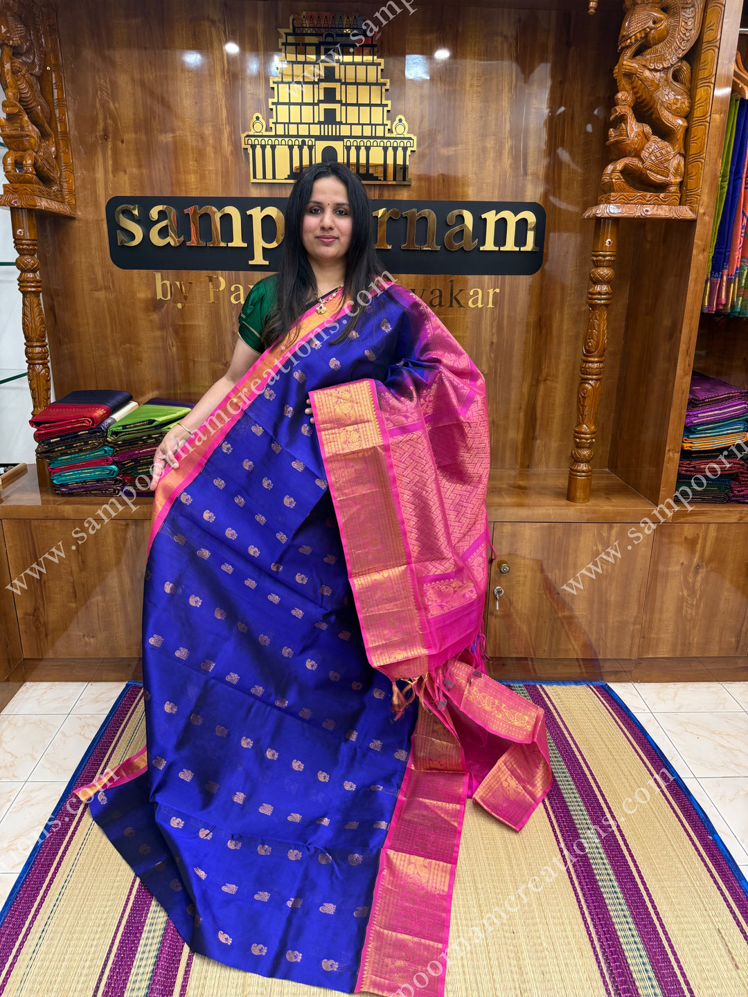 Cobalt Blue with Pink , Rich Mango and Annam  Zari butta in the body and One side long borders , rich Pallu Korvai Silk Cotton Sareee