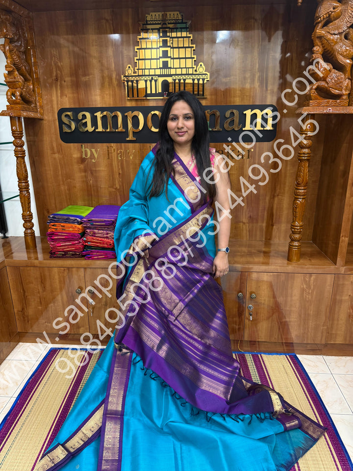 Ramar Blue with Purple , Body Zari butta ,  Traditional borders and rich Pallu Korvai 10 Yards Silk Cotton Saree
