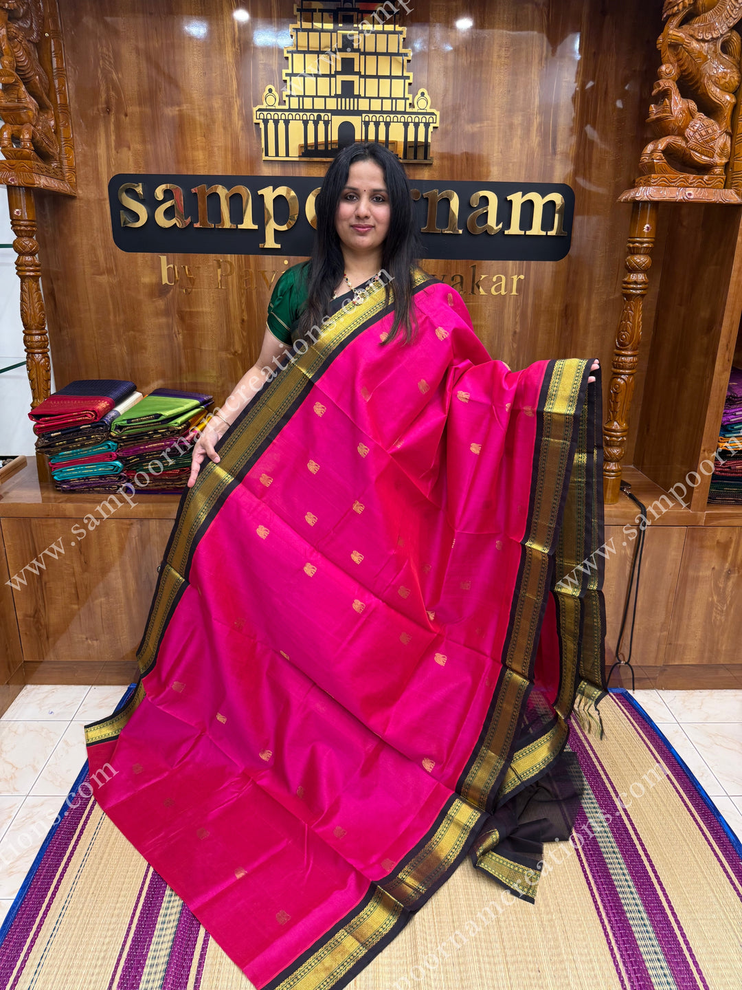 Dark Pink with Deep Brown , Rich Zari butta in the body and Traditional  borders , rich Pallu Korvai Silk Cotton Sareee