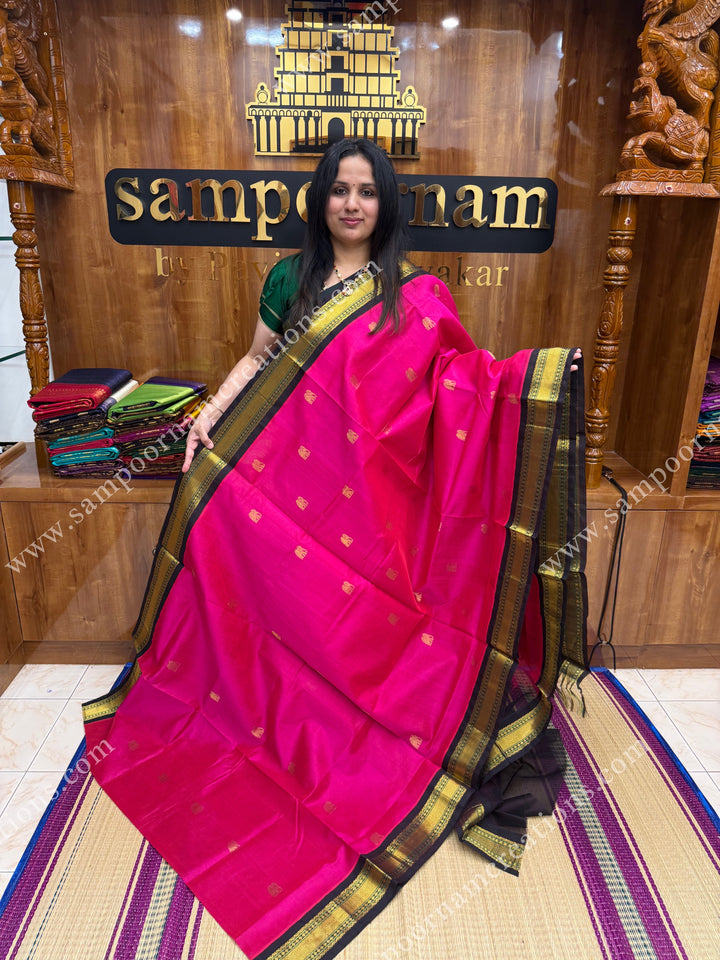 Dark Pink with Deep Brown , Rich Zari butta in the body and Traditional  borders , rich Pallu Korvai Silk Cotton Sareee