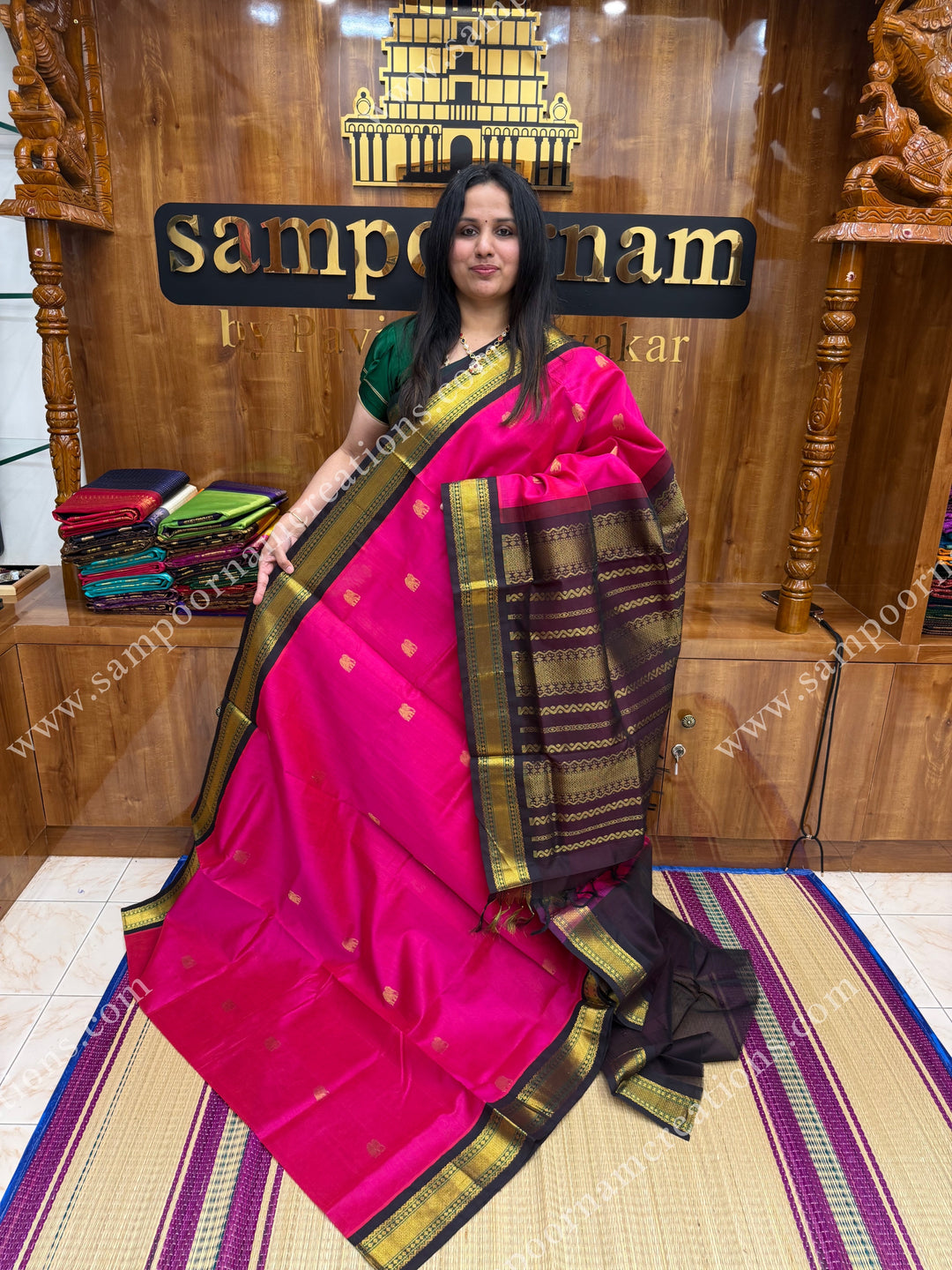 Dark Pink with Deep Brown , Rich Zari butta in the body and Traditional  borders , rich Pallu Korvai Silk Cotton Sareee