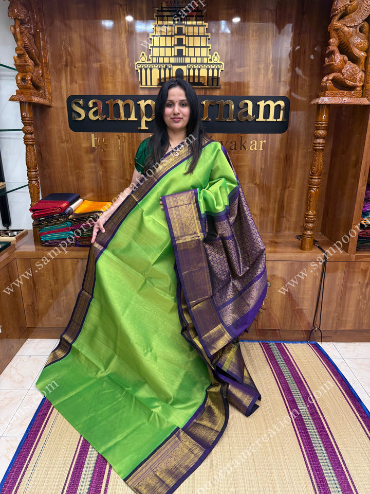Green with Dark Blue ,  Traditional  One Side big  borders and rich Pallu Korvai Silk Cotton Sareee