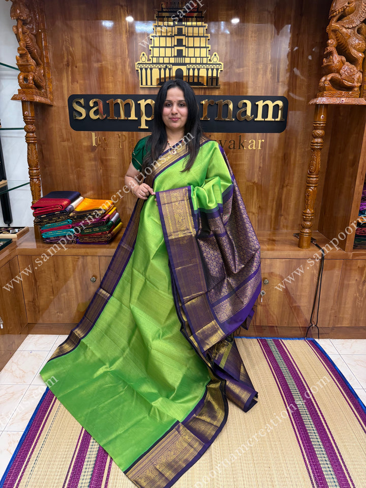 Green with Dark Blue ,  Traditional  One Side big  borders and rich Pallu Korvai Silk Cotton Sareee