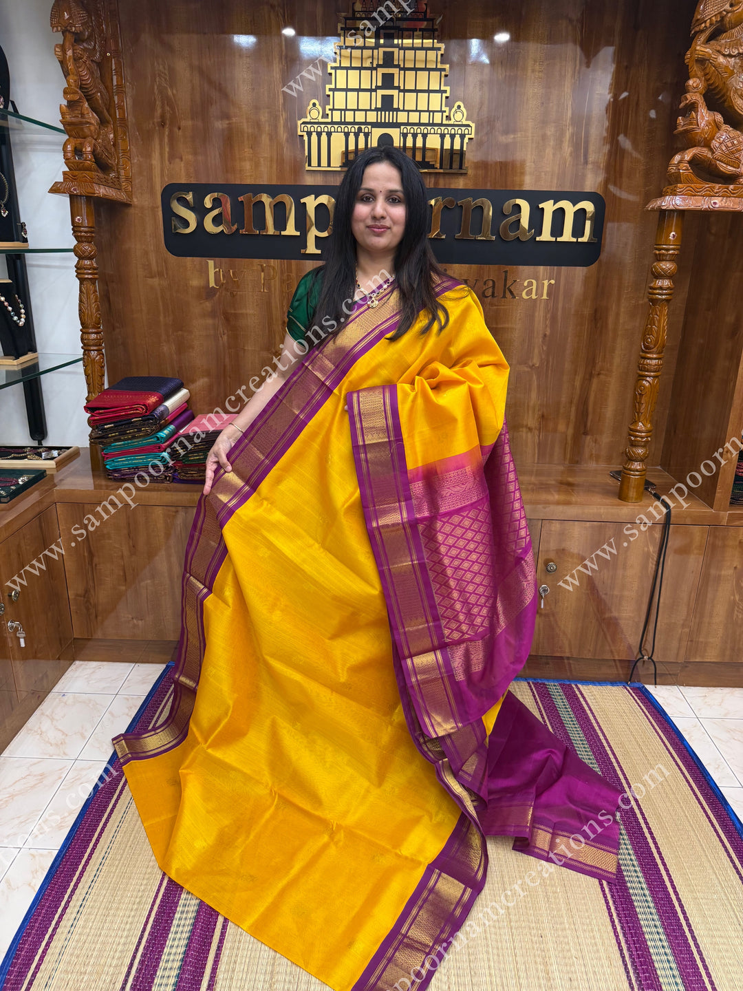 Mambazha Manjal with Deep Magenta , Rich Zari butta in the body and Traditional borders , rich Pallu Korvai Silk Cotton Sareee
