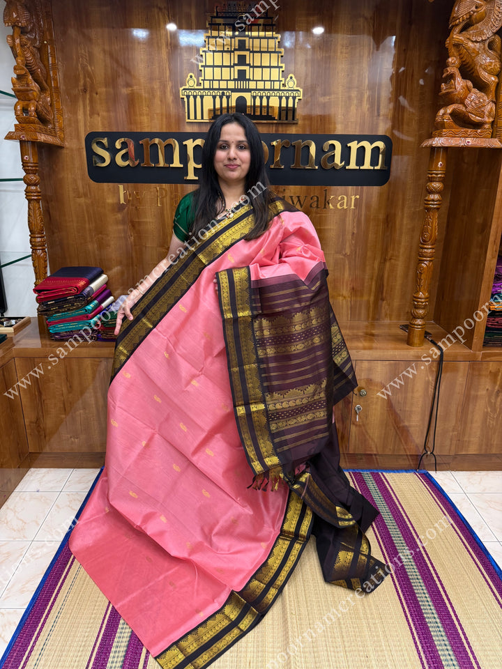 Rouge Pink with Dark Brown , Rich Mango Zari butta in the body and Rettapet borders , rich Pallu Korvai Silk Cotton Sareee