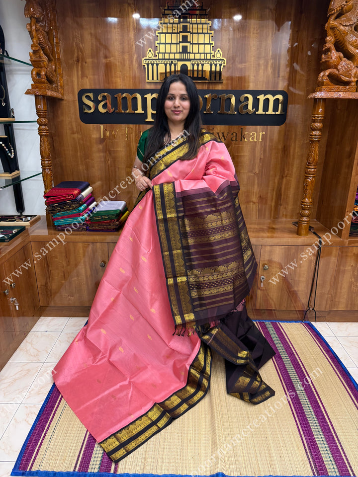 Rouge Pink with Dark Brown , Rich Mango Zari butta in the body and Rettapet borders , rich Pallu Korvai Silk Cotton Sareee
