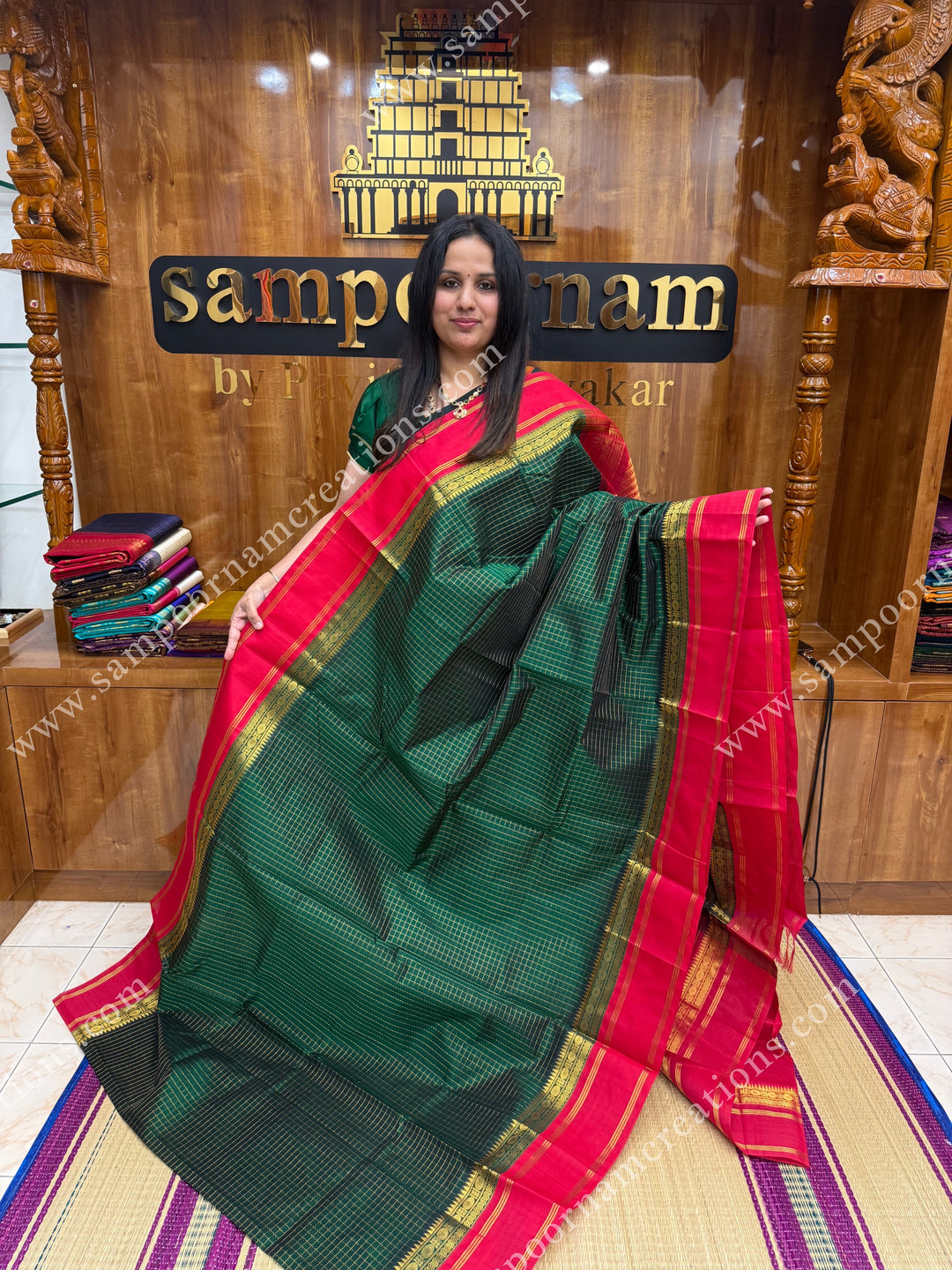 Green with Red  , Rich Zari checks in the body and  rettapet  borders , rich Pallu Korvai Silk Cotton Sareee