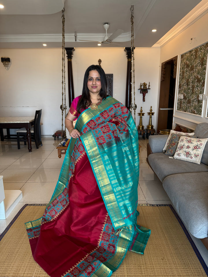 Red with Turquoise Blue Traditional Border and Rich Pallu ,Border Annam and Elephant Printed Silk Cotton Saree